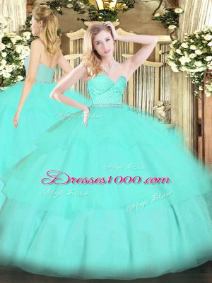 Apple Green Tulle Zipper Sweetheart Sleeveless Floor Length Sweet 16 Dresses Beading and Lace and Ruffled Layers