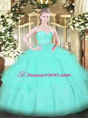 Apple Green Tulle Zipper Sweetheart Sleeveless Floor Length Sweet 16 Dresses Beading and Lace and Ruffled Layers