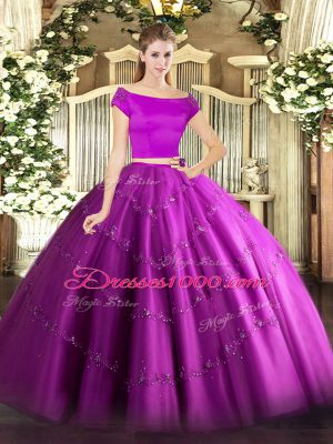 Fitting Short Sleeves Tulle Floor Length Zipper Sweet 16 Dresses in Fuchsia with Appliques