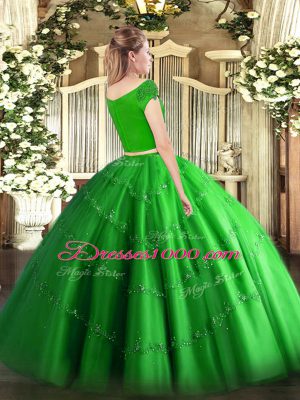 Fitting Short Sleeves Tulle Floor Length Zipper Sweet 16 Dresses in Fuchsia with Appliques