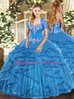 High End Sleeveless Floor Length Beading and Ruffles Lace Up Sweet 16 Quinceanera Dress with Baby Blue