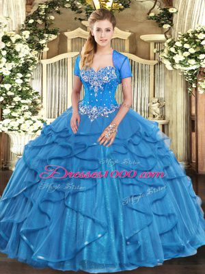 High End Sleeveless Floor Length Beading and Ruffles Lace Up Sweet 16 Quinceanera Dress with Baby Blue