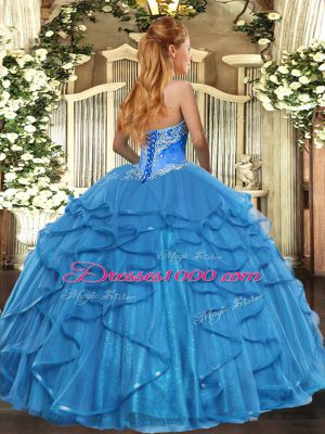 High End Sleeveless Floor Length Beading and Ruffles Lace Up Sweet 16 Quinceanera Dress with Baby Blue