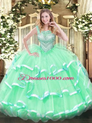 Apple Green Ball Gowns Tulle Scoop Sleeveless Beading and Ruffles Floor Length Lace Up 15th Birthday Dress