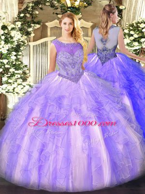 Lavender Organza Lace Up Scoop Sleeveless Floor Length Ball Gown Prom Dress Beading and Ruffles
