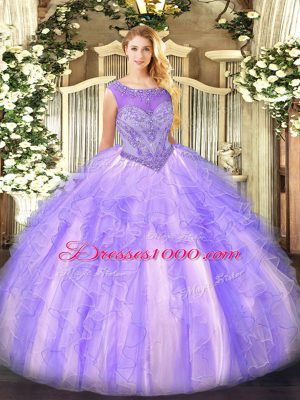 Lavender Organza Lace Up Scoop Sleeveless Floor Length Ball Gown Prom Dress Beading and Ruffles