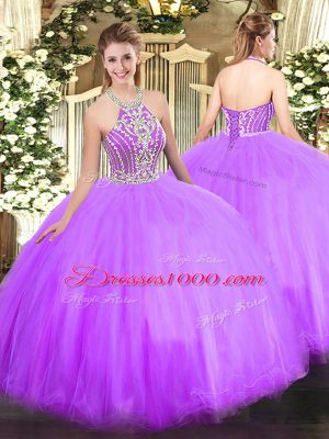 Fancy Lilac Ball Gowns Tulle Halter Top Sleeveless Beading Floor Length Lace Up Sweet 16 Quinceanera Dress
