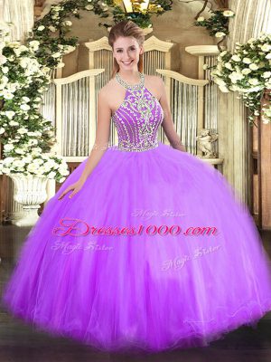 Fancy Lilac Ball Gowns Tulle Halter Top Sleeveless Beading Floor Length Lace Up Sweet 16 Quinceanera Dress