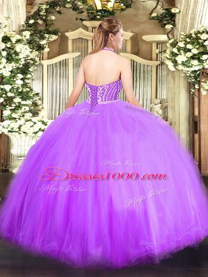 Fancy Lilac Ball Gowns Tulle Halter Top Sleeveless Beading Floor Length Lace Up Sweet 16 Quinceanera Dress