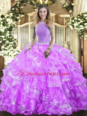 Luxury Sleeveless Floor Length Beading and Ruffled Layers Lace Up Sweet 16 Dresses with Lavender