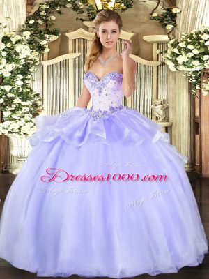 Custom Designed Lavender Sleeveless Organza Lace Up Quince Ball Gowns for Military Ball and Sweet 16 and Quinceanera