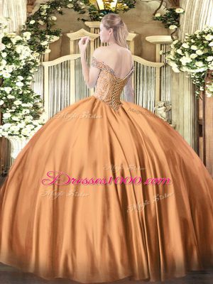 High End Rust Red Quinceanera Gown Military Ball and Sweet 16 and Quinceanera with Beading Off The Shoulder Sleeveless Lace Up