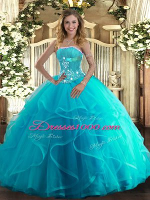 Low Price Beading and Ruffles Sweet 16 Quinceanera Dress Aqua Blue Lace Up Sleeveless Floor Length