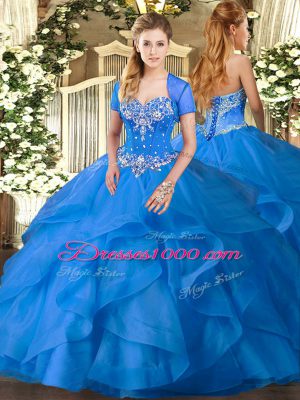 Elegant Baby Blue 15 Quinceanera Dress Military Ball and Sweet 16 and Quinceanera with Beading and Ruffles Sweetheart Sleeveless Lace Up