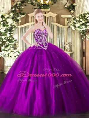 Tulle Sweetheart Sleeveless Lace Up Beading 15 Quinceanera Dress in Eggplant Purple