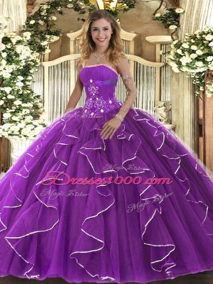Floor Length Purple Sweet 16 Dress Tulle Sleeveless Beading and Ruffles