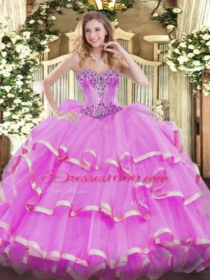 On Sale Floor Length Lilac Quinceanera Dresses Organza Sleeveless Beading and Ruffles