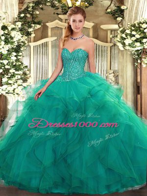 Tulle Sweetheart Sleeveless Lace Up Beading and Ruffles 15 Quinceanera Dress in Turquoise