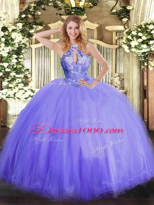 Sleeveless Floor Length Beading Lace Up Ball Gown Prom Dress with Lavender