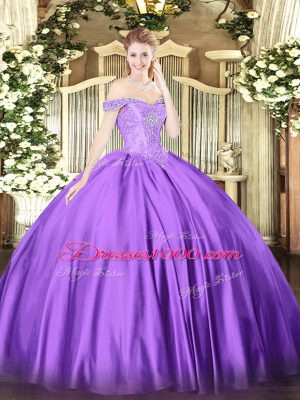 Purple Ball Gowns Beading Quinceanera Dresses Lace Up Satin Sleeveless Floor Length