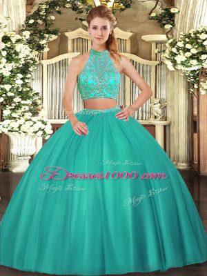 Floor Length Criss Cross 15th Birthday Dress Turquoise for Military Ball and Sweet 16 and Quinceanera with Beading