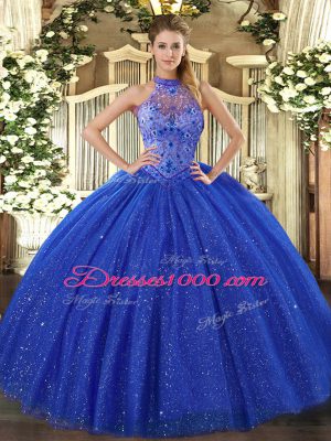 Tulle and Sequined Halter Top Sleeveless Lace Up Beading and Embroidery Sweet 16 Dress in Royal Blue