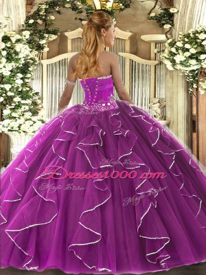 Floor Length Blue Ball Gown Prom Dress Tulle Sleeveless Beading and Ruffles