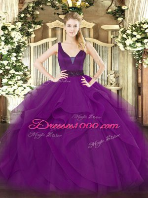 Floor Length Zipper 15th Birthday Dress Purple for Military Ball and Sweet 16 and Quinceanera with Beading and Ruffles