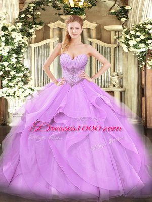 Excellent Floor Length Lavender Quinceanera Dress Tulle Sleeveless Beading and Ruffles