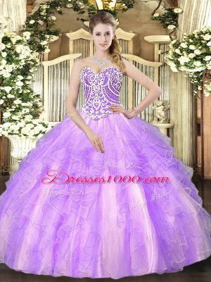 Lavender Sweetheart Neckline Beading and Ruffles 15th Birthday Dress Sleeveless Lace Up