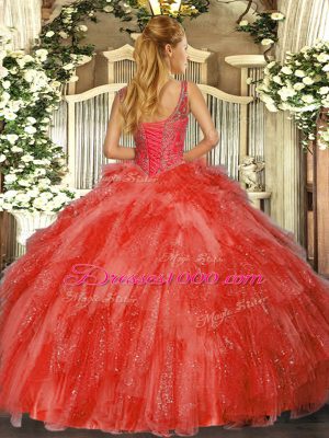 Hot Pink V-neck Lace Up Beading and Ruffles Sweet 16 Dress Sleeveless