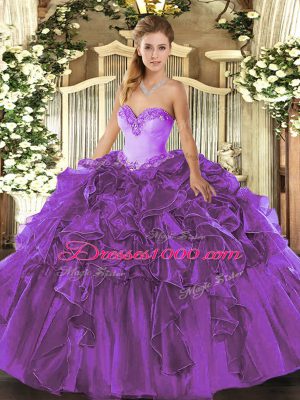 Purple Sweetheart Neckline Beading and Ruffles Vestidos de Quinceanera Sleeveless Lace Up