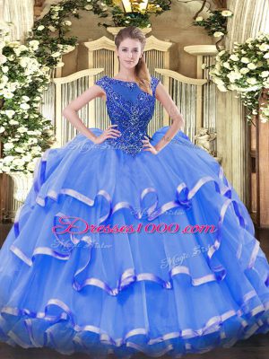 Suitable Ball Gowns Sweet 16 Quinceanera Dress Blue Scoop Organza Sleeveless Floor Length Zipper