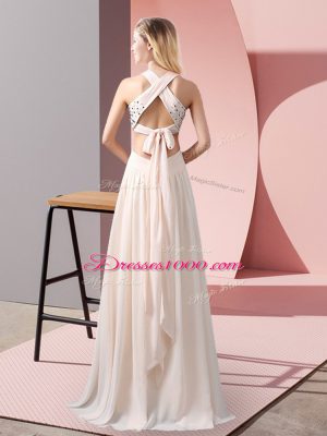 Sumptuous Champagne Chiffon Criss Cross Party Dress Wholesale Sleeveless Floor Length Beading
