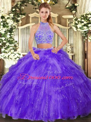 Latest Purple Sleeveless Beading and Ruffles Floor Length 15 Quinceanera Dress