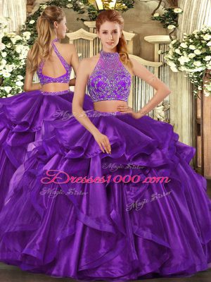Artistic Floor Length Criss Cross Quinceanera Gowns Eggplant Purple for Military Ball and Sweet 16 and Quinceanera with Beading and Ruffled Layers