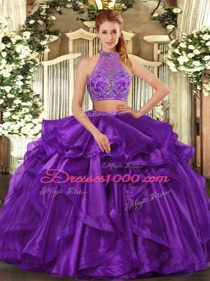 Artistic Floor Length Criss Cross Quinceanera Gowns Eggplant Purple for Military Ball and Sweet 16 and Quinceanera with Beading and Ruffled Layers