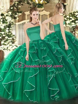Luxurious Dark Green Sleeveless Floor Length Ruffles Zipper Quinceanera Dresses