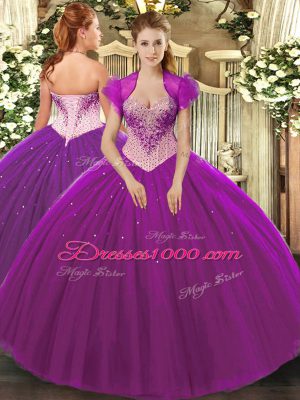 Lovely Eggplant Purple Quince Ball Gowns Military Ball and Sweet 16 and Quinceanera with Beading Sweetheart Sleeveless Lace Up