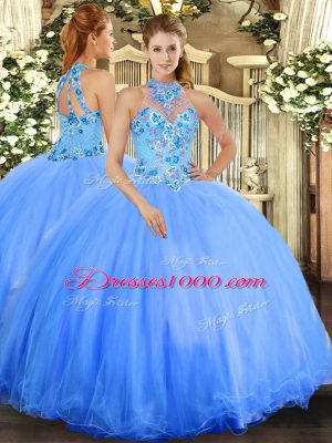 Glorious Blue Sleeveless Embroidery Floor Length Quinceanera Dress