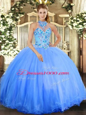 Glorious Blue Sleeveless Embroidery Floor Length Quinceanera Dress
