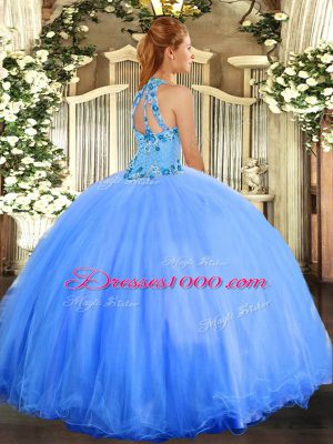 Glorious Blue Sleeveless Embroidery Floor Length Quinceanera Dress