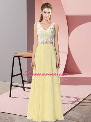 Beading Prom Dresses Light Yellow Backless Sleeveless Floor Length