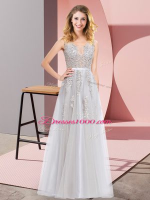 Grey Square Neckline Lace and Appliques Evening Dress Sleeveless Backless