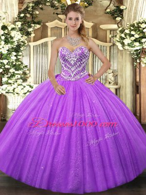 Fitting Lavender Ball Gowns Sweetheart Sleeveless Tulle Floor Length Lace Up Beading 15 Quinceanera Dress