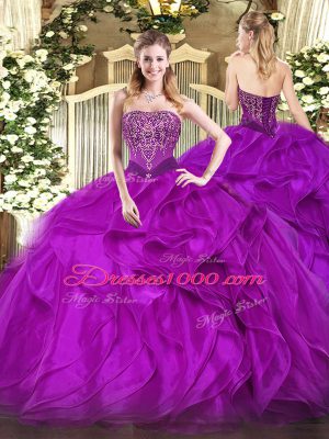 Wonderful Sleeveless Organza Floor Length Lace Up Sweet 16 Quinceanera Dress in Purple with Beading and Ruffles