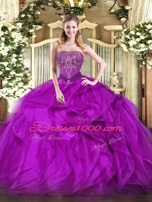 Wonderful Sleeveless Organza Floor Length Lace Up Sweet 16 Quinceanera Dress in Purple with Beading and Ruffles