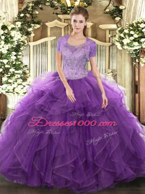 Simple Lavender Ball Gowns Beading and Ruffled Layers Sweet 16 Dresses Clasp Handle Tulle Sleeveless Floor Length