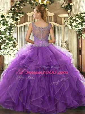 Simple Lavender Ball Gowns Beading and Ruffled Layers Sweet 16 Dresses Clasp Handle Tulle Sleeveless Floor Length