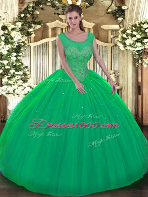 Sleeveless Tulle Floor Length Backless Ball Gown Prom Dress in Green with Beading